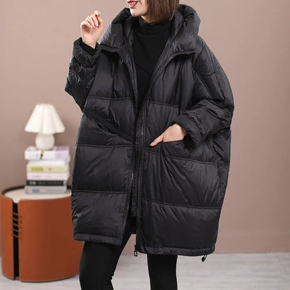 Women's Mid-length Hooded Loose Thick White Duck Down Winter Coat