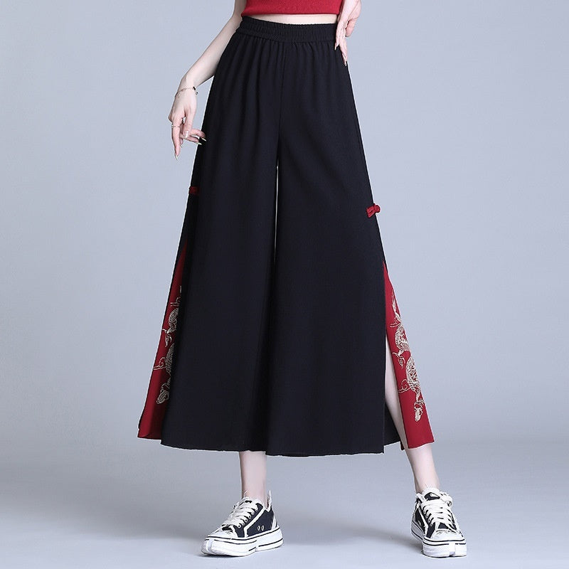 Side Slit Chinese Style Loose Cropped Trousers