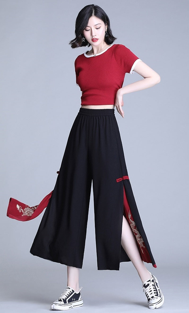 Side Slit Chinese Style Loose Cropped Trousers