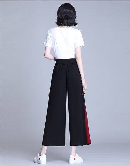 Side Slit Chinese Style Loose Cropped Trousers