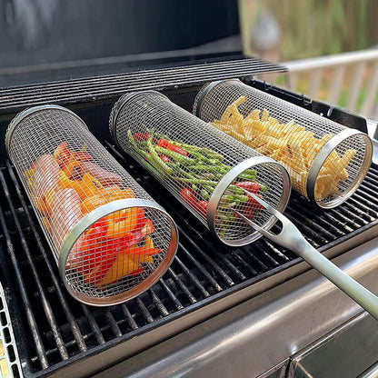 Rolling Grilling Basket Metal BBQ Barbecue Basket Net Portable Outdoor Camping Barbecue Rack Kitchen Gadgets