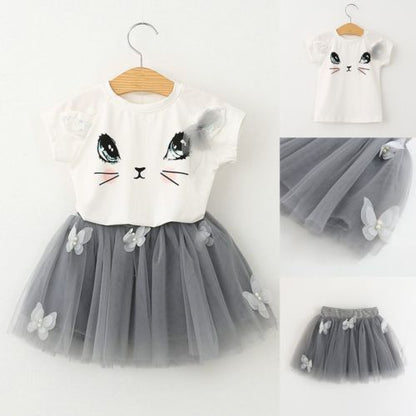 New Girls Kids Cute Child Cat Short Sleeve T-Shirt Butterfly Beaded Puffy Skirt Skirt Set