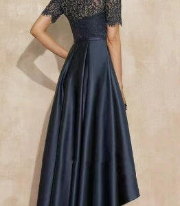 New Lace Short Front And Long Back Navy Blue Fashion Toast Party Dress