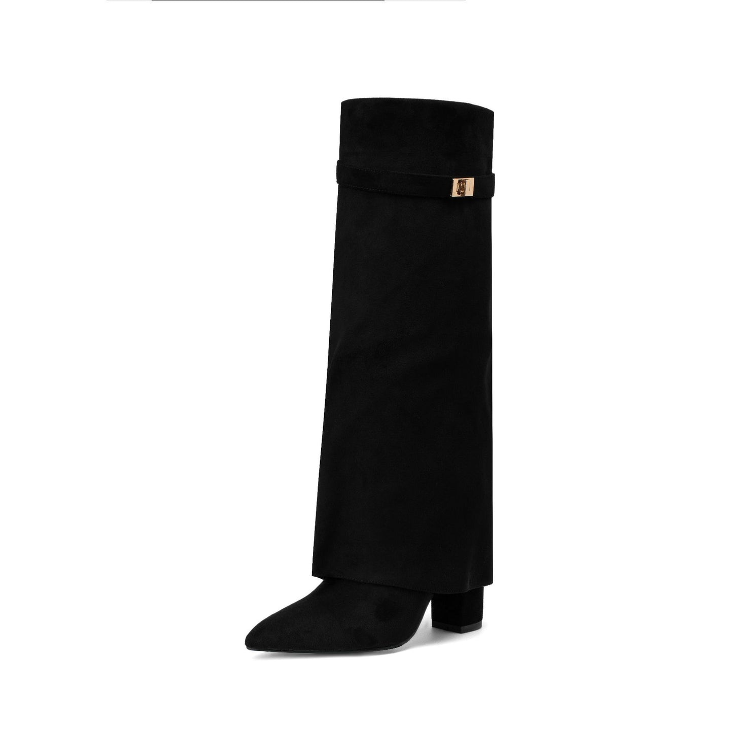 Pointed Toe Large Tube Circumference Straight Metal Buckle Long Tube Boots