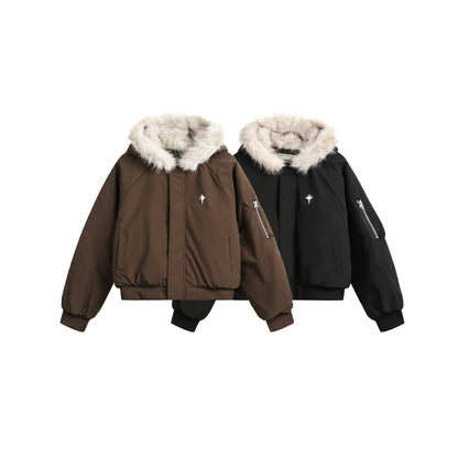 New Real Shot High Quality Fur Collar Short Connecting Cap Cotton Coat Jacket