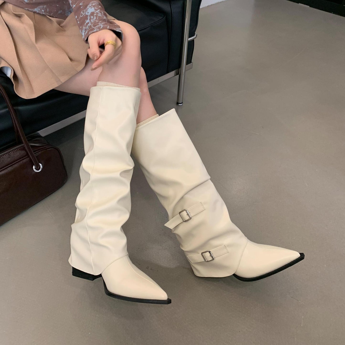 Pointed Buckle Pleated Pile Style Boots Punk Mid Heel Knee-high Boots