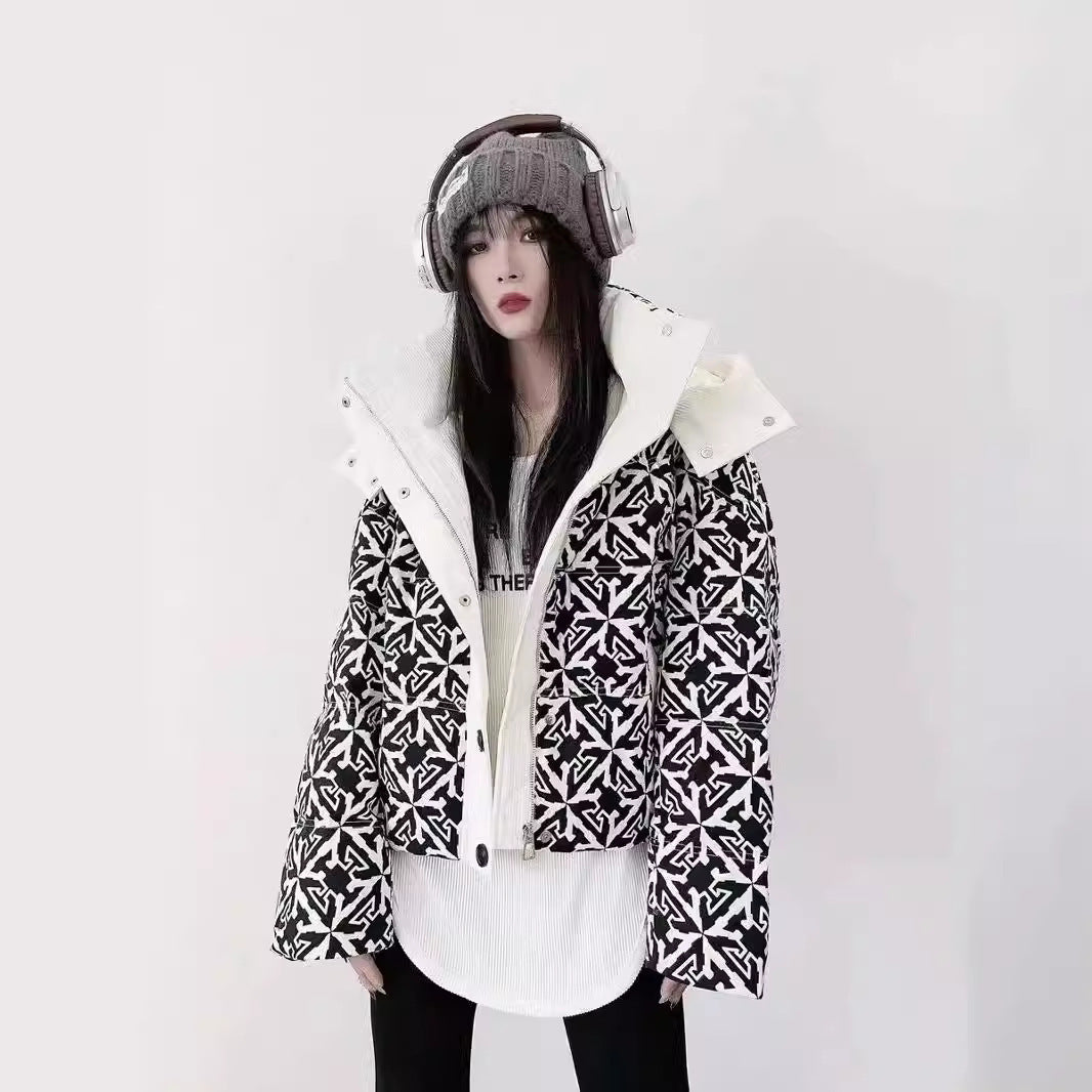 Printed Hooded Down Jacket Women's Short