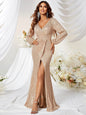 Sequined V-neck Long Sleeve High Slit Slim Fishtail Prom Evening Dress