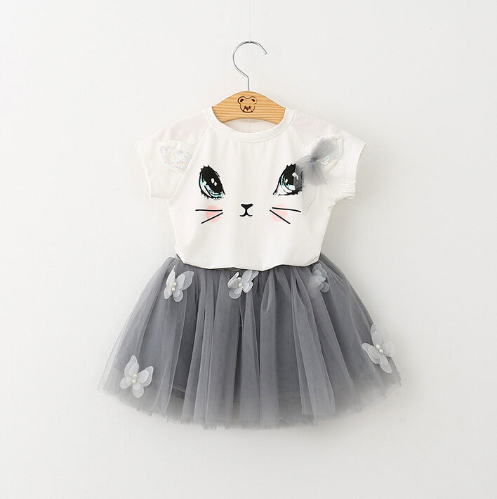 New Girls Kids Cute Child Cat Short Sleeve T-Shirt Butterfly Beaded Puffy Skirt Skirt Set