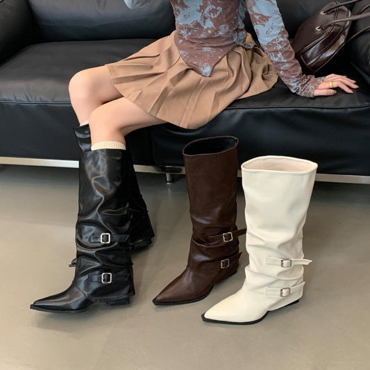 Pointed Buckle Pleated Pile Style Boots Punk Mid Heel Knee-high Boots