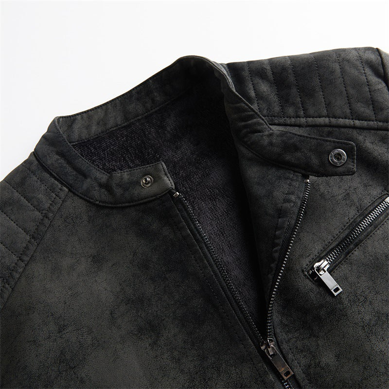 Men's Fleece-lined Slim Fit Handsome Motorcycle Clothing Stand Collar Leather Jacket