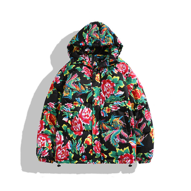 Men's Hooded Loose Thick Northeast Flower Cotton-padded Jacket