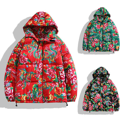 Men's Hooded Loose Thick Northeast Flower Cotton-padded Jacket