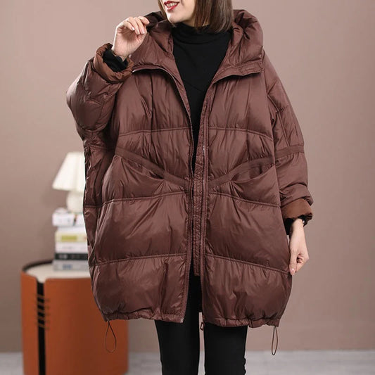 Women's Mid-length Hooded Loose Thick White Duck Down Winter Coat