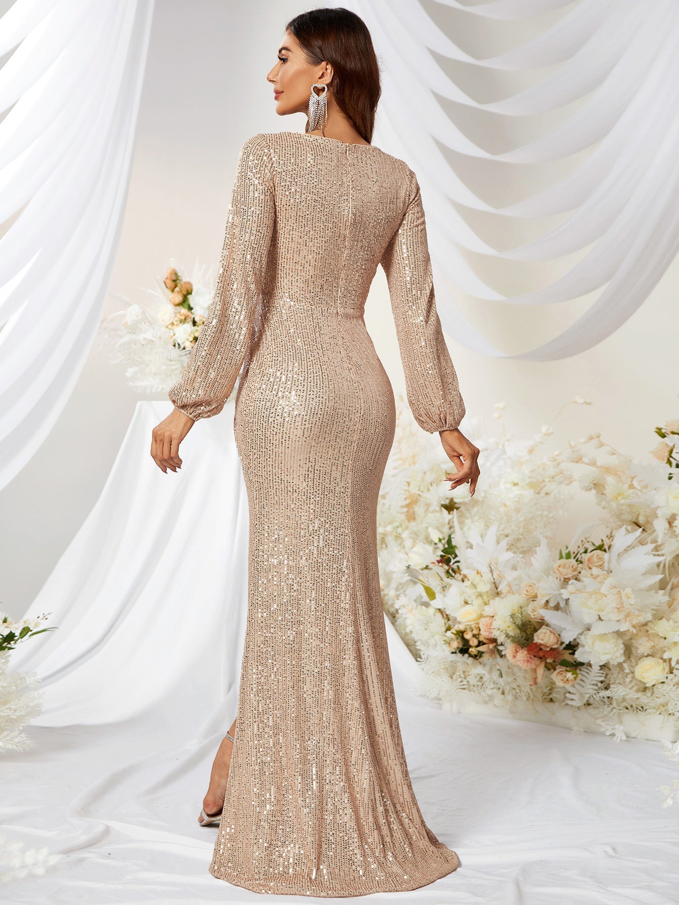 Sequined V-neck Long Sleeve High Slit Slim Fishtail Prom Evening Dress