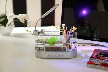 USB Desktop Streaming Mini Aquarium Time Date Week Temperature Alarm Transparent Pen Holder