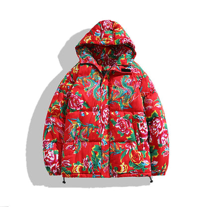 Men's Hooded Loose Thick Northeast Flower Cotton-padded Jacket