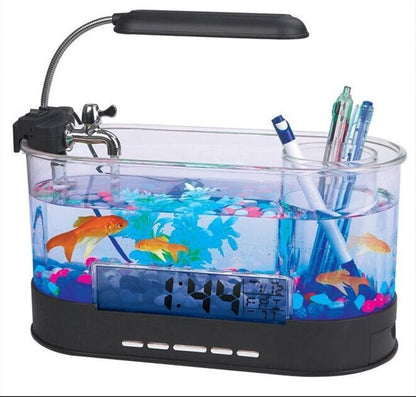 USB Desktop Streaming Mini Aquarium Time Date Week Temperature Alarm Transparent Pen Holder