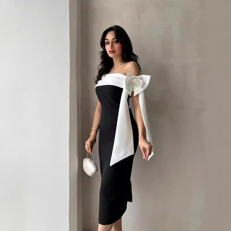 Women's Off-shoulder Bow Black And White Color Matching Elegant Cocktail Dress