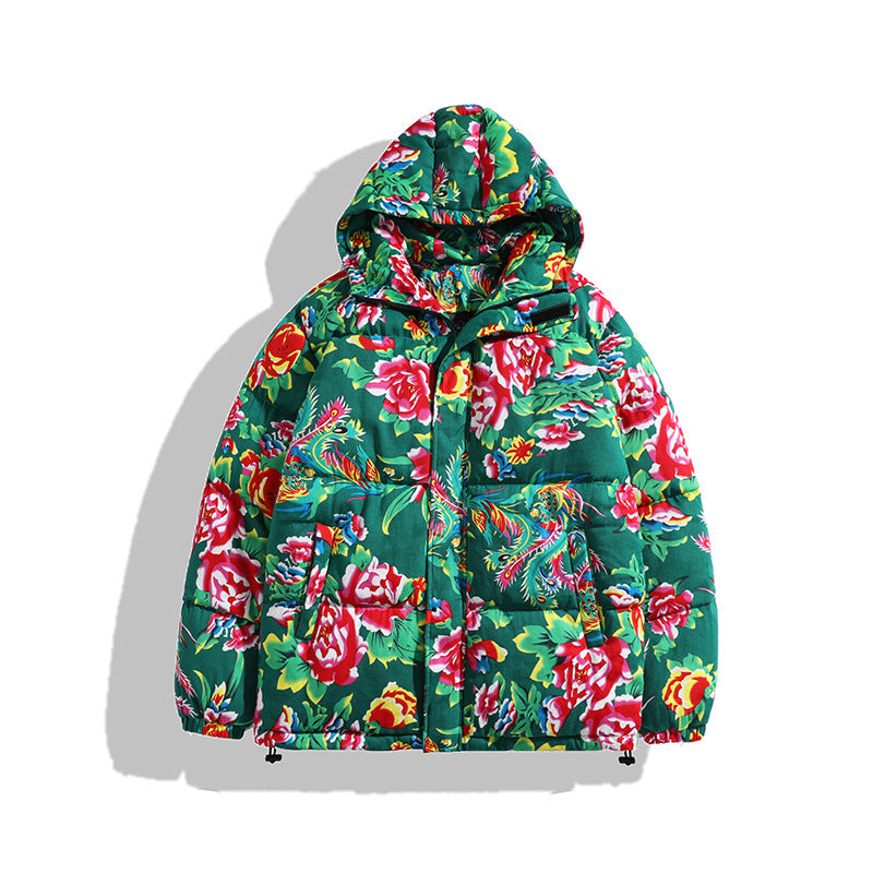 Men's Hooded Loose Thick Northeast Flower Cotton-padded Jacket