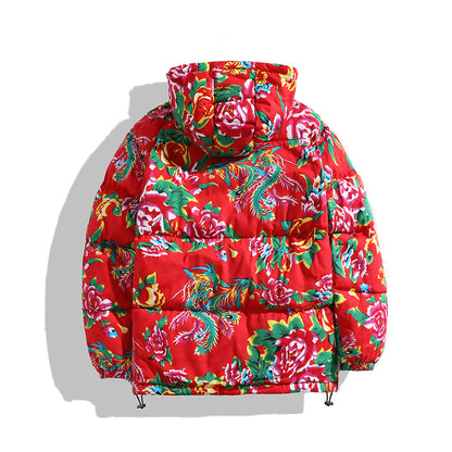 Men's Hooded Loose Thick Northeast Flower Cotton-padded Jacket