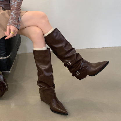 Pointed Buckle Pleated Pile Style Boots Punk Mid Heel Knee-high Boots